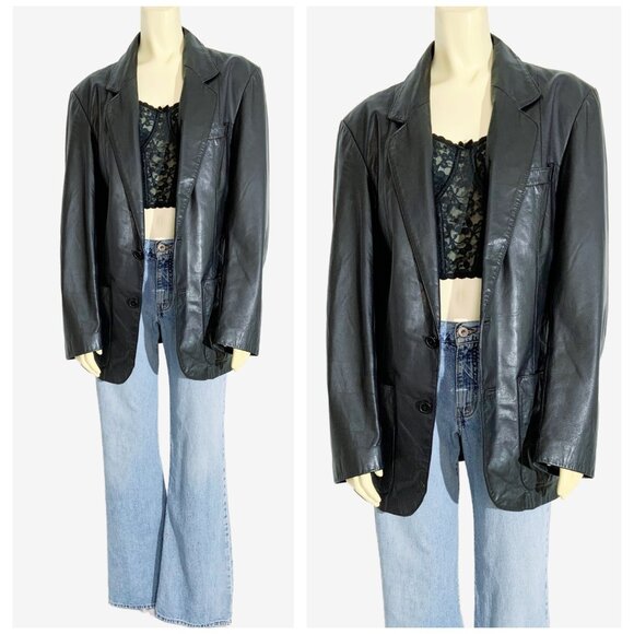 Vintage Black Leather Blazer Coat / size Medium - Picture 5 of 14